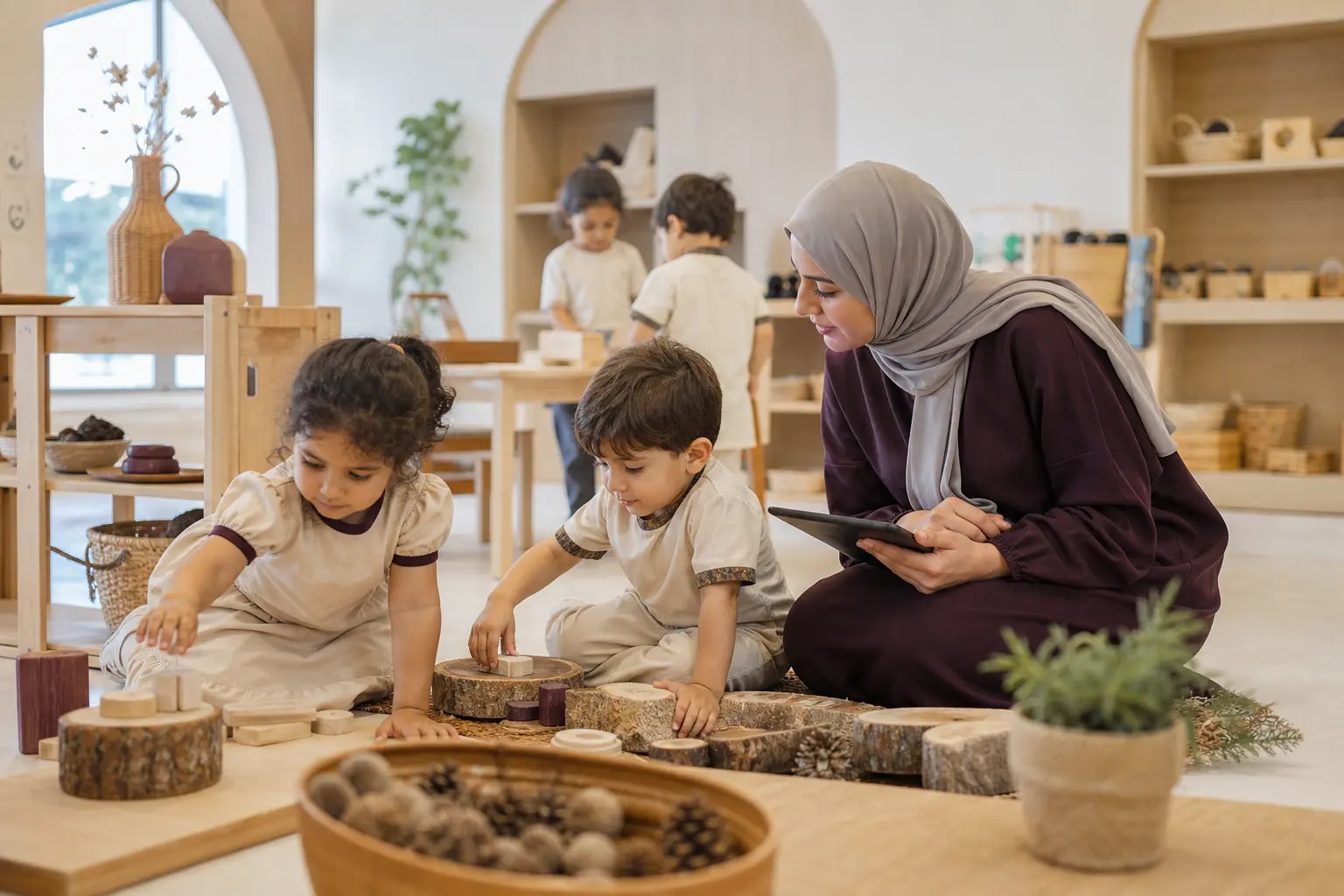 Early-years educator recording an observation beside a child’s hands-on learning activity
