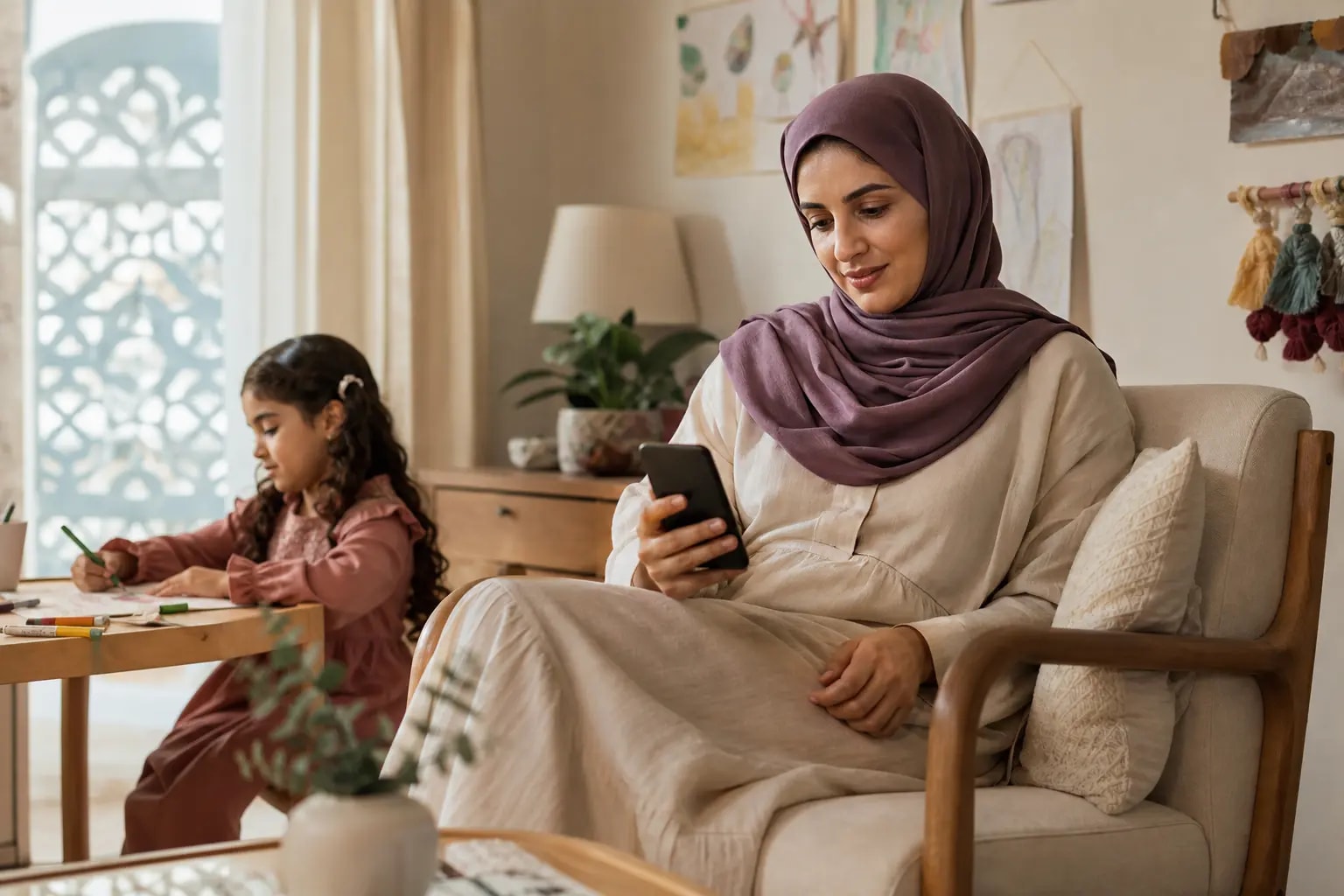 Parent reading a nursery update on a phone at home with a child’s artwork nearby
