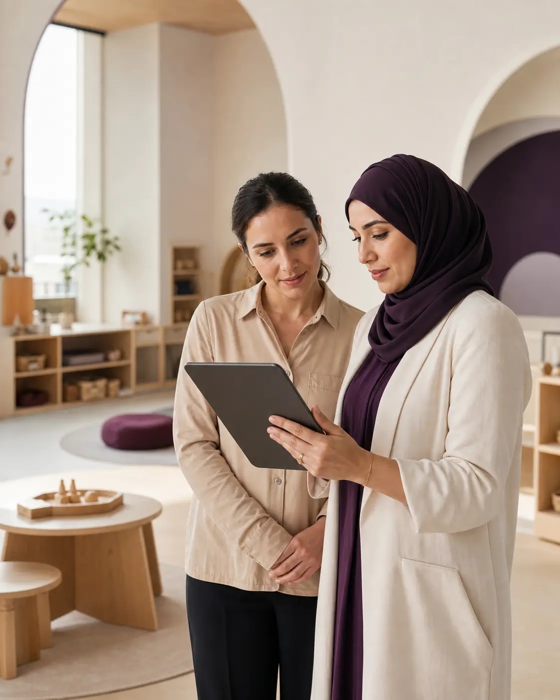 Two early-years centre professionals reviewing the day together on a tablet
