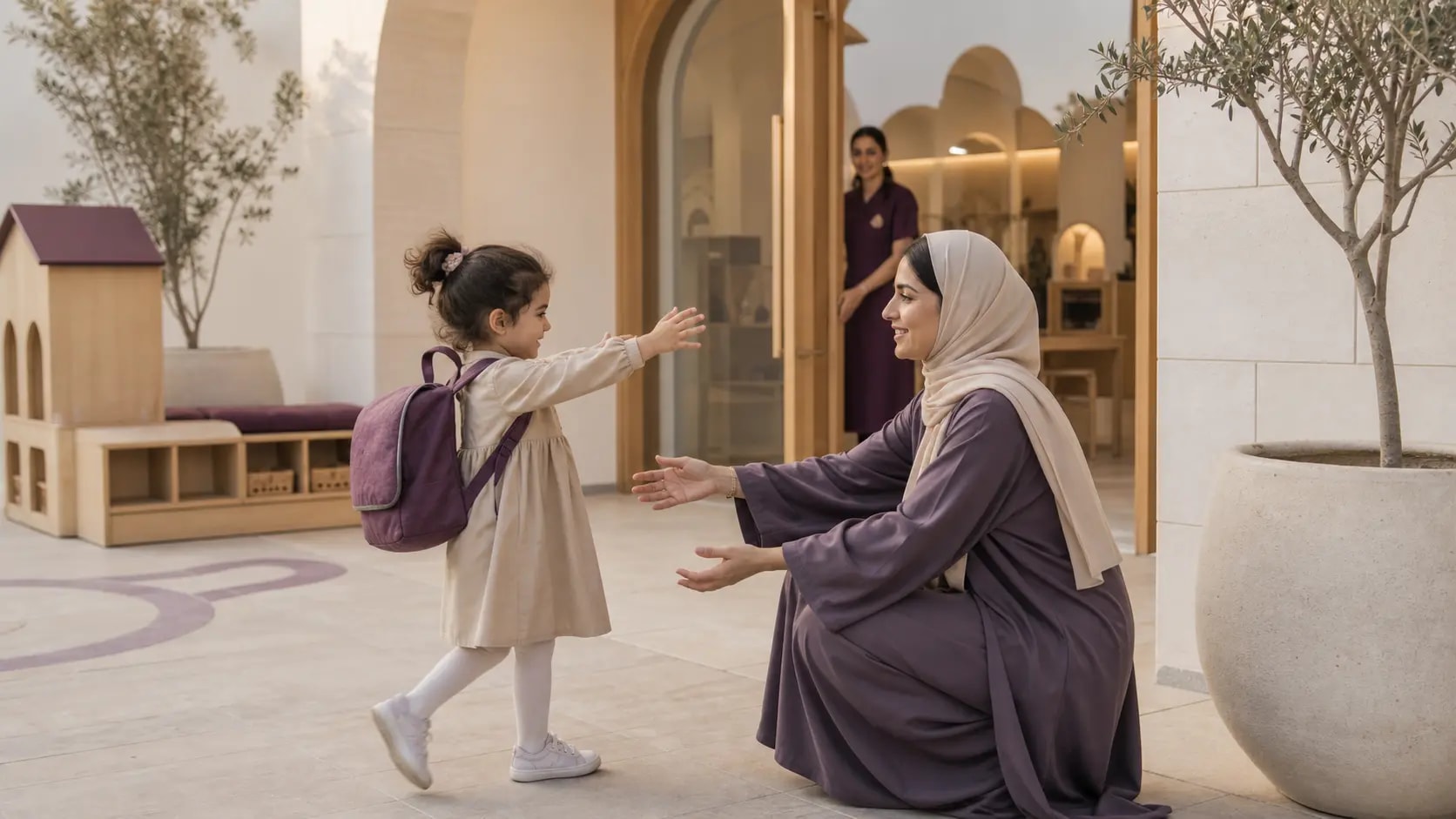 Mother greeting her child at nursery pickup
